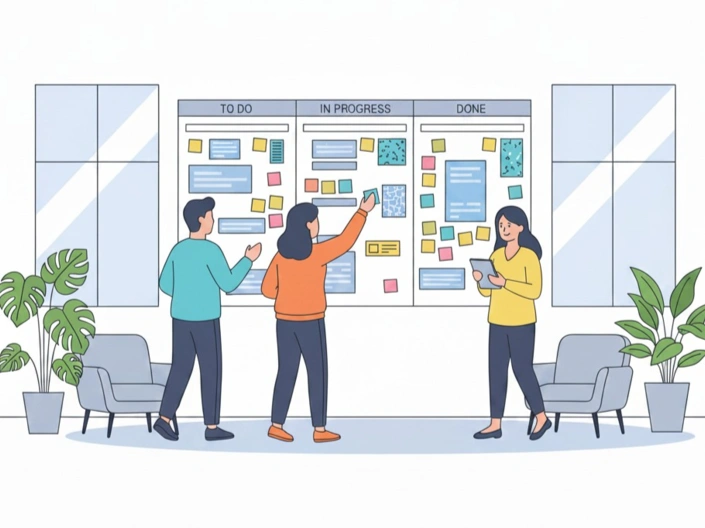 Illustration dreier Personen vor einem Scrum-Board.