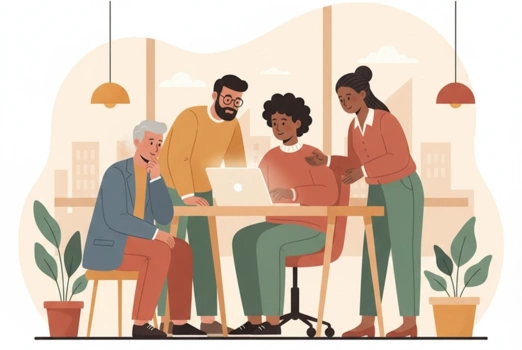 Illustration von vier Menschen an einem Schreibtisch auf dem ein Laptop steht.