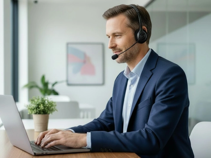 Ein Mann sitzt am Schreibtisch vor einem aufgeklappten Laptop. Er trägt ein Headset.