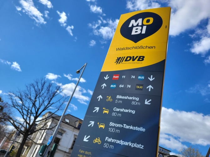 Pylon mit Verkehrsmittelinformationen am Waldschlösschen Dresden