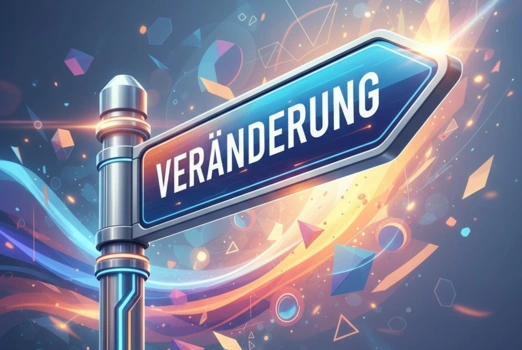 Illustration eines futuristisch anmutenden Wegweisers mit der Aufschrift " Veränderung". 