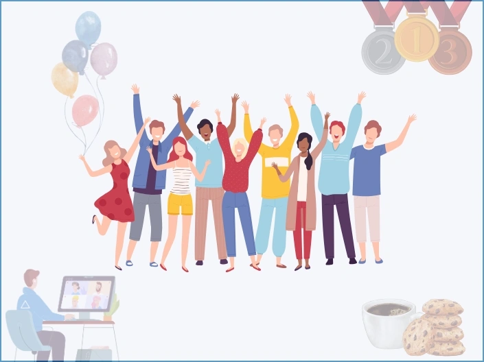 Eine Collage aus Illustrationen: In der Mitte eine Gruppe jubelnder Menschen. Ein Mädchen hält Luftballons in der Hand. Am linken unteren Bildrand ein sitzt ein Mensch an einem Schreibtisch und blickt auf einen Bildschirm. Rechts oben hängen 3 Medaillen. Unten rechts befinden sich eine Kaffeetasse und ein Stapel Kekse.