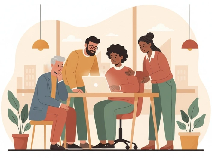 Illustration von vier Menschen an einem Schreibtisch auf dem ein Laptop steht. 