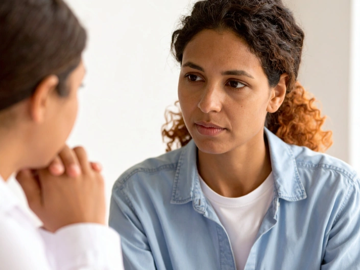 Zwei Frauen sitzen sich in einer Beratungssituation gegenüber. Eine der Frauen ist seitlich zu sehen, sie stützt das Kinn auf den Händen auf. Die andere Frau ist frontal zu sehen und blickt zu ersterer.