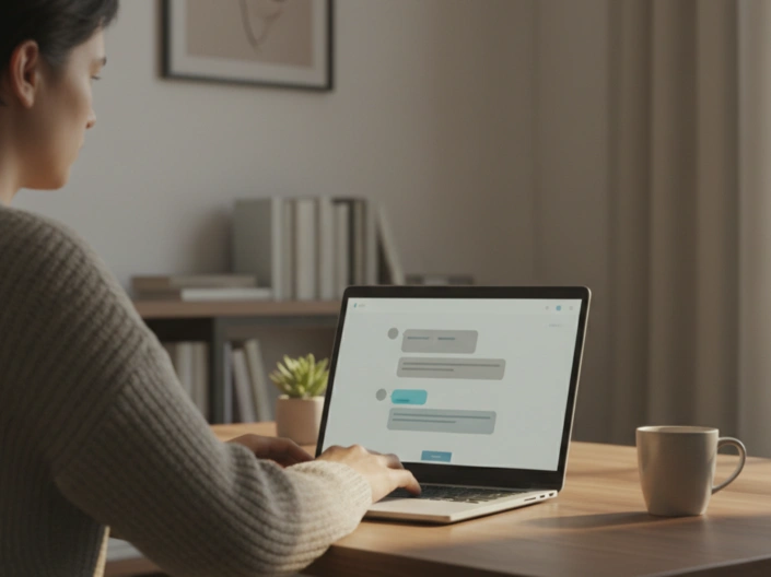Eine Person sitzt im Büro am Laptop und betreut einen Online-Chat.