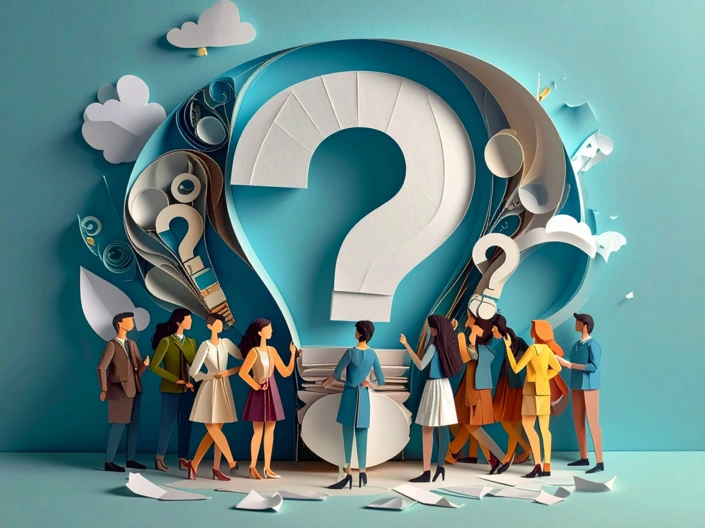 Collage in Scherenschnittoptik mit einem großen weißes Fragezeichen auf blauem Hintergrund in der Bildmitte. Darum sind Frauen und Männer gruppiert. 