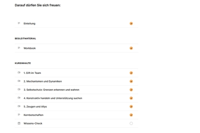 Sreenshot der Inhaltsübersicht eines E-Trainings