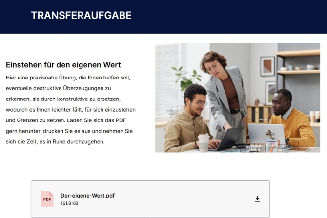 Screenshot aus einem E-Training: Transferaufgabe mit Beschreibungstext, Foto und Downloadsymbol