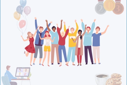 Eine Collage aus Illustrationen: In der Mitte eine Gruppe jubelnder Menschen.  Ein Mädchen hält Luftballons in der Hand.  Am linken unteren Bildrand ein sitzt ein Mensch an einem Schreibtisch und blickt auf einen Bildschirm. Rechts oben hängen 3 Medaillen. Unten rechts befinden sich eine Kaffeetasse und ein Stapel Kekse.