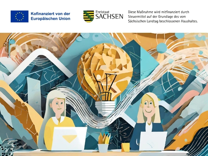 Mehrfarbige Grafik im Schichtpapierstil: Zwei Frauen am Schreibtisch vor Laptops. Über ihnen eine Glühbirne.