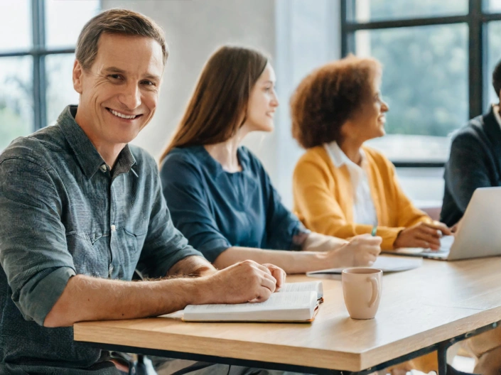Vier Menschen sitzen nebeneinander an einem Tisch in einem hellen Seminarraum