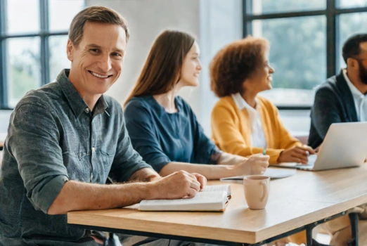 Vier Menschen sitzen nebeneinander an einem Tisch in einem hellen Seminarraum