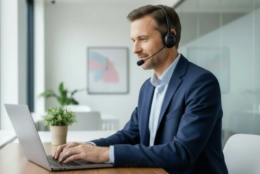 Ein Mann sitzt am Schreibtisch vor einem aufgeklappten Laptop. Er trägt ein Headset.