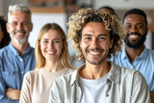 Portraitaufnahme eines Teams aus vier lächelnden Personen. Eine männliche gelesene Person im Vordergrund, zwei männlich und eine weiblich gelesene Person leicht unscharf im Hintergrund.