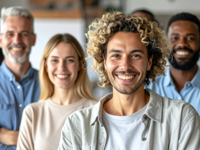 Portraitaufnahme eines Teams aus vier lächelnden Personen. Eine männliche gelesene Person im Vordergrund, zwei männlich und eine weiblich gelesene Person leicht unscharf im Hintergrund.