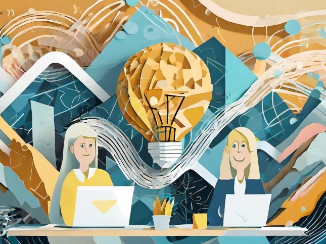 Mehrfarbige Grafik im Schichtpapierstil: Zwei Frauen am Schreibtisch vor Laptops. Über ihnen eine Glühbirne. 
