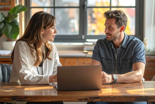 Eine Frau und ein Mann sitzen einander zugewandt an einem Schreibtisch.