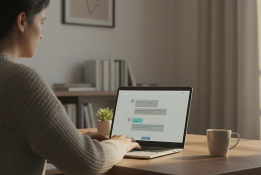 Eine Person sitzt im Büro am Laptop und betreut einen Online-Chat.