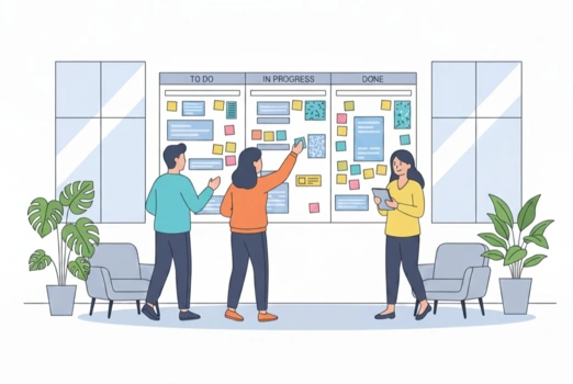 Illustration dreier Personen vor einem Scrum-Board.