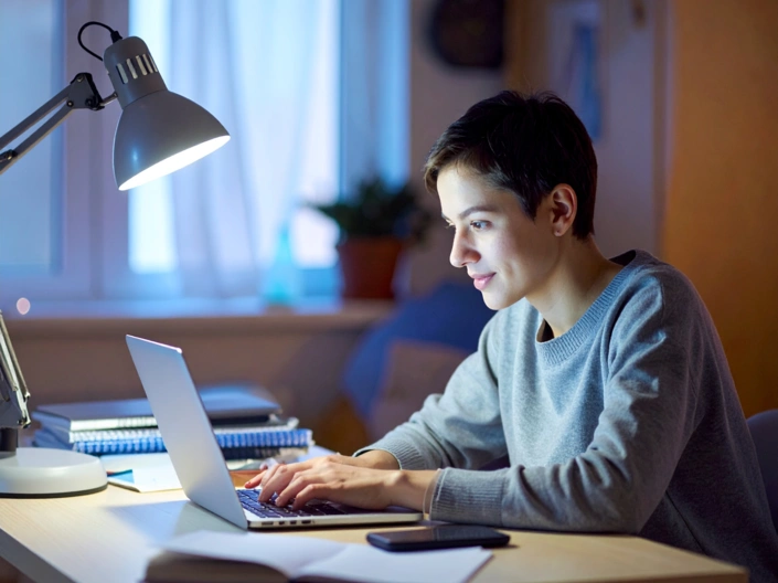 Eine Frau mit kurzen Haaren sitzt konzentriert am Schreibtisch vor ihrem Laptop.